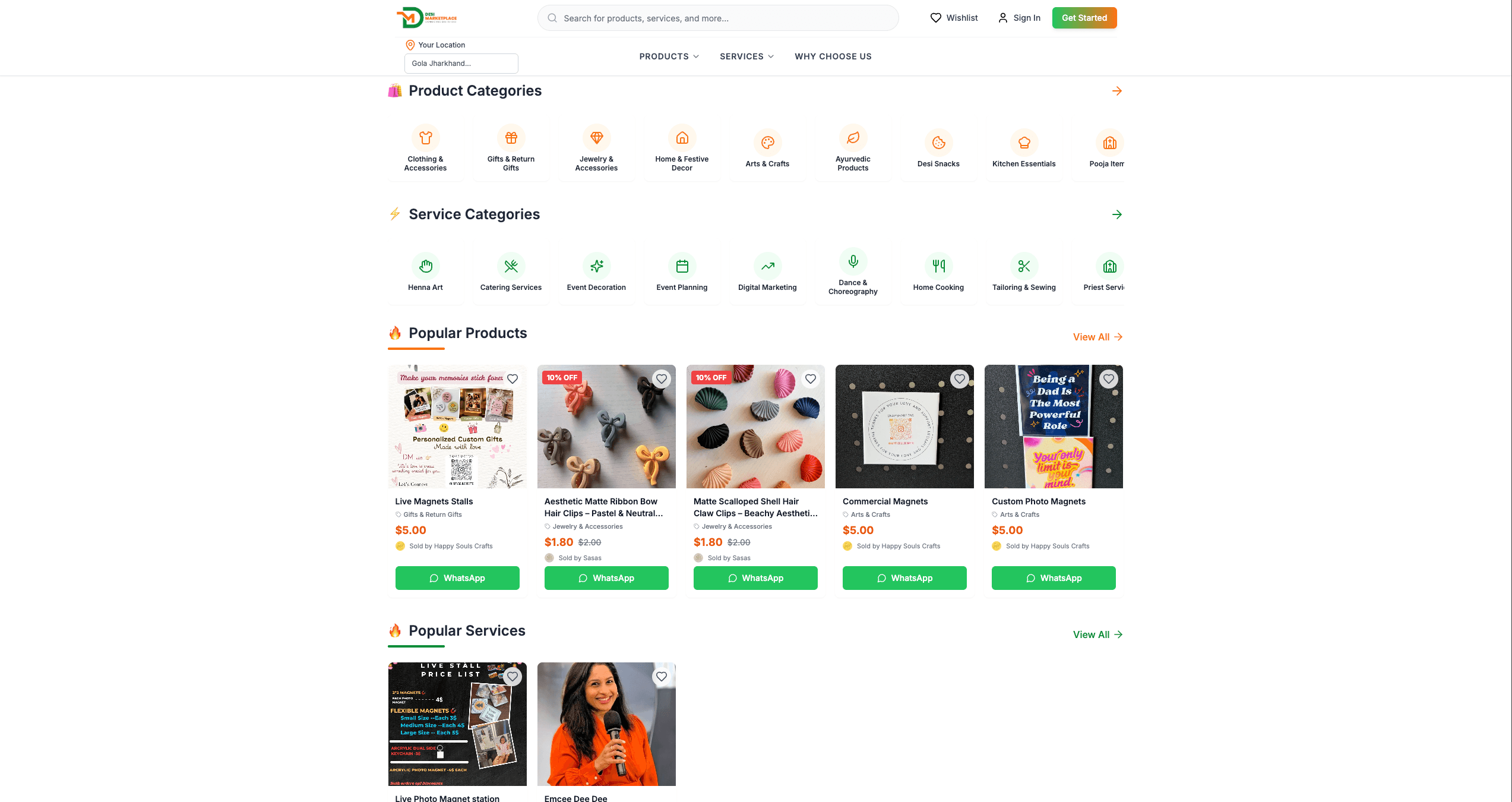 Product and service categories with popular listings