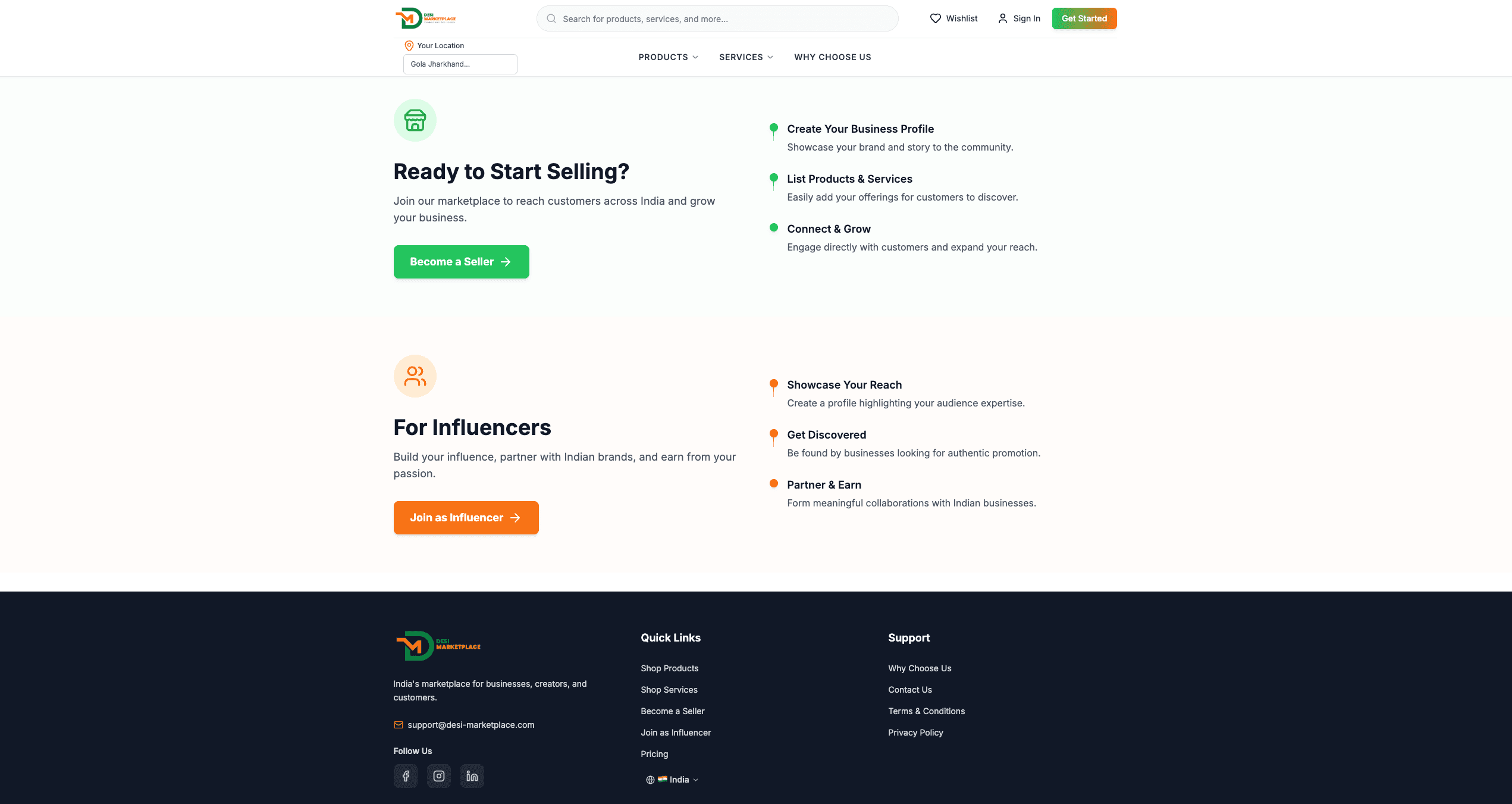 Become a seller, join as an influencer, and the footer